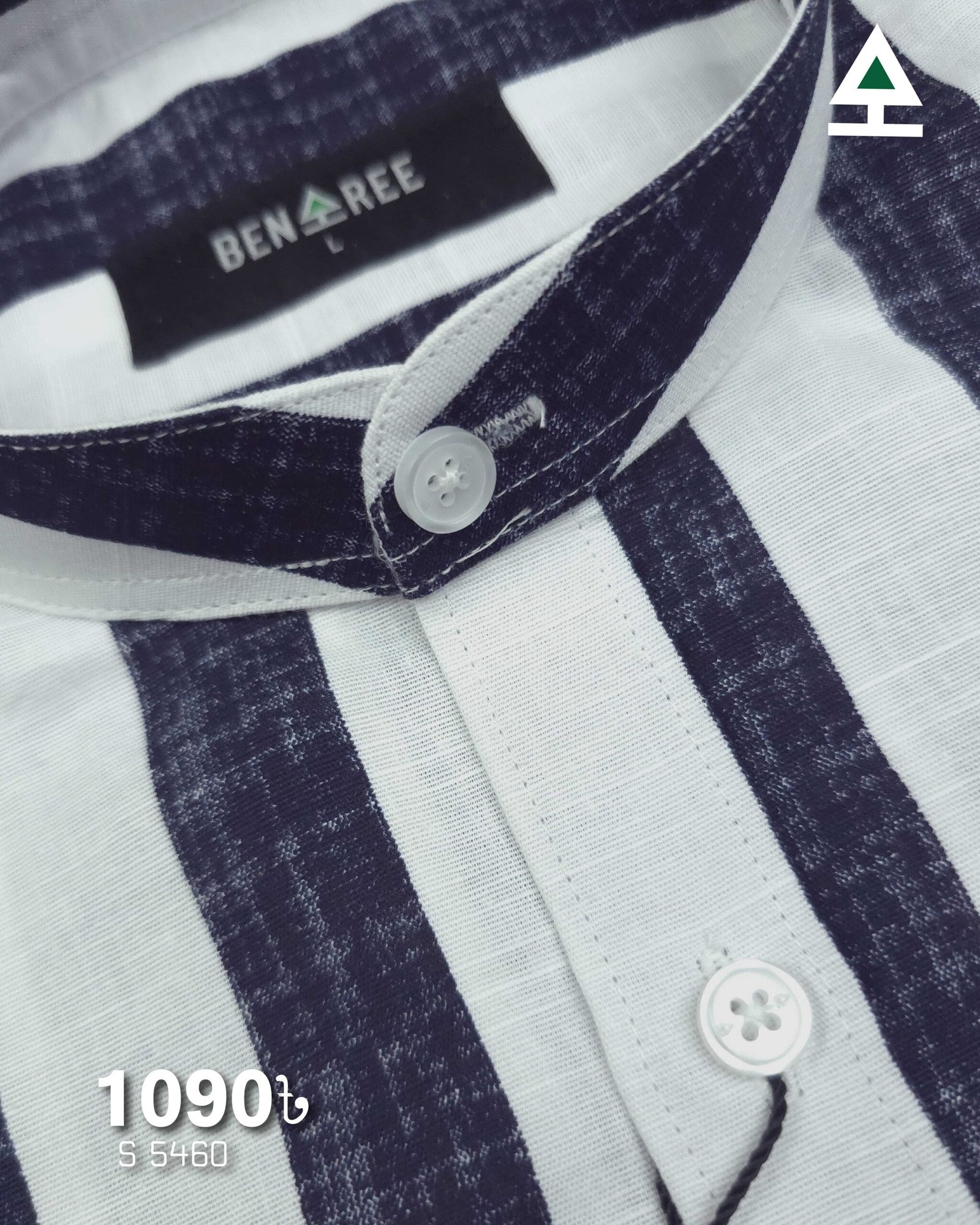 White and navy blue Ban Collar Shirt  - 23S 5460